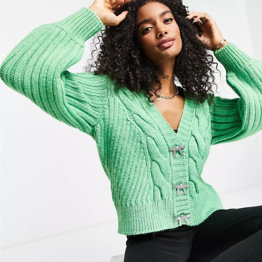 EUC River Island chunky knit boxy cardigan sweater bright green size XS